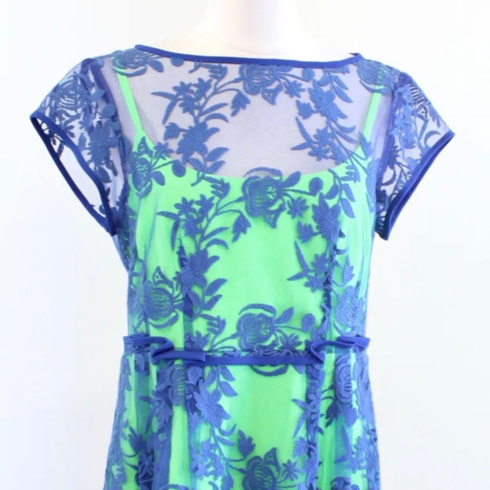 Nanette Lepore Blue Bright Green Floral Mesh Lace Illusion Dress Cocktail size 8